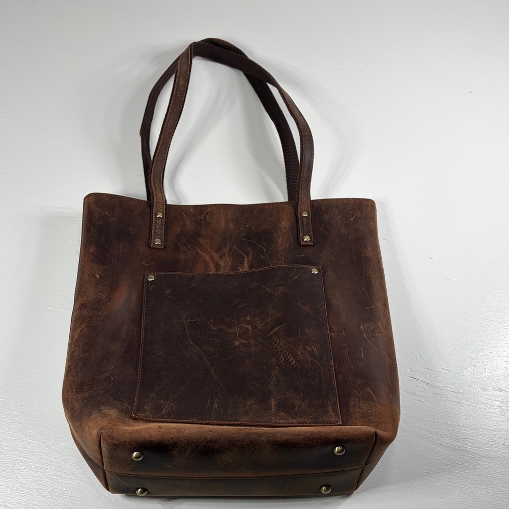 S-Zone Distressed Leather Tote Bag Brown Laptop Work Bag + Card Holder - Picture 5 of 13